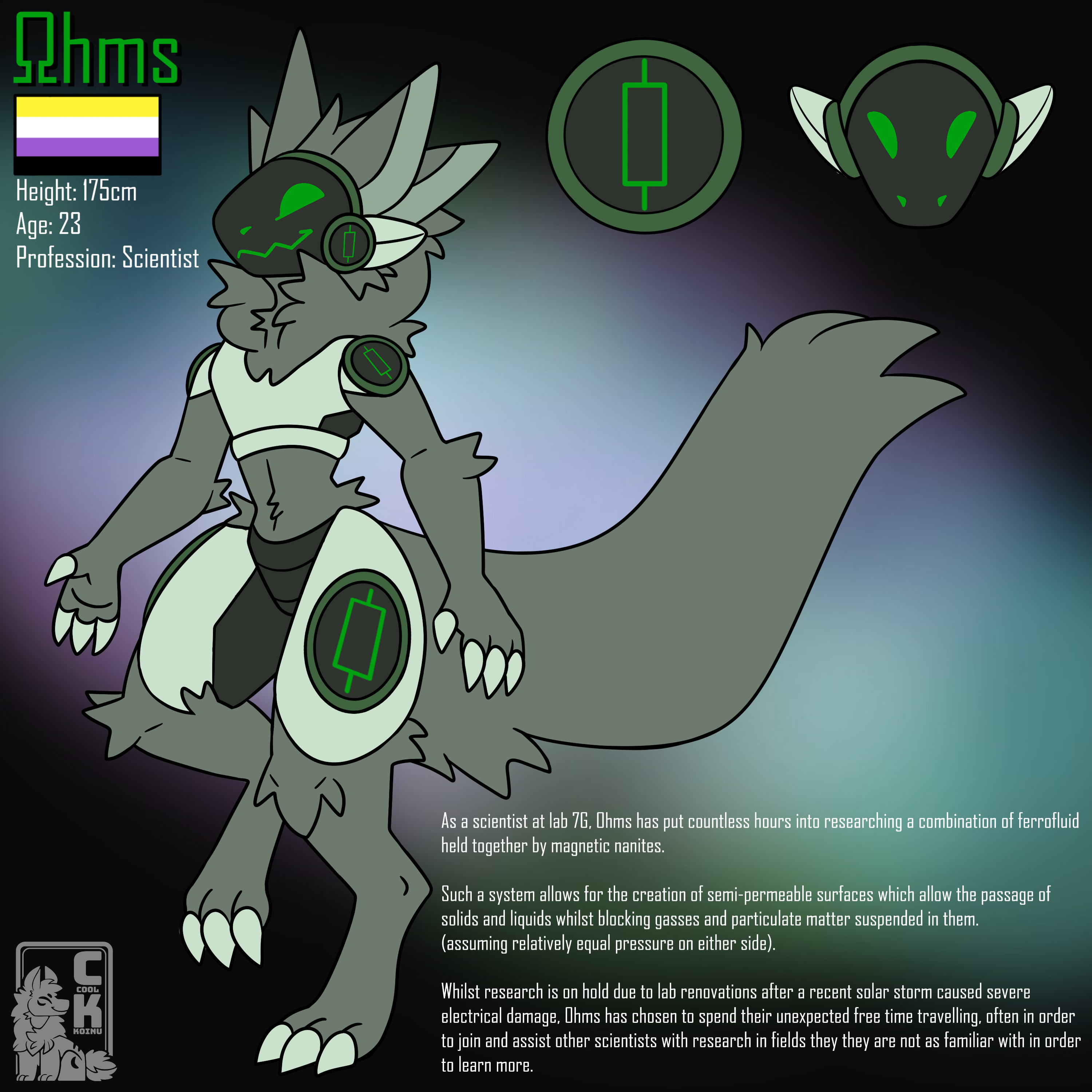 An image showing Ohms the Protogen, age 23, Non-Binary, 175 Centimeters, Profession: Scientist. The description reads:"As a scientist at lab 7G, Ohms has put countless hours into researching a combination of ferrofluid held together by magnetic nanites. Such a system allows for the creation of semi-permeable surfaces which allow the passage of solids and liquids whilst blocking gasses and particulate matter suspended in them. (assuming relatively equal pressure on either side). Whilst research is on hold due to lab renovations after a recent solar storm caused severe electrical damage, Ohms has chosen to spend their unexpected free time travelling, often in order to join and assist other scientists with research in fields they they are not as familiar with in order to learn more."